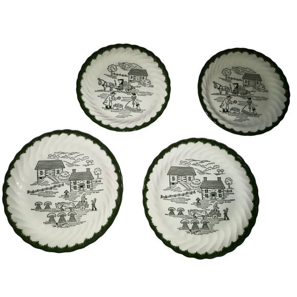 oyal China Underglaze Green Farm Scene Plates – Set of 4 – Vintage Cottagecore - Picture 5 of 10